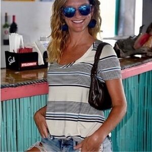 NWT CHASER Cool Soft Cream Jersey
Tulip Side Slit Black Blue Stripe Tee | M